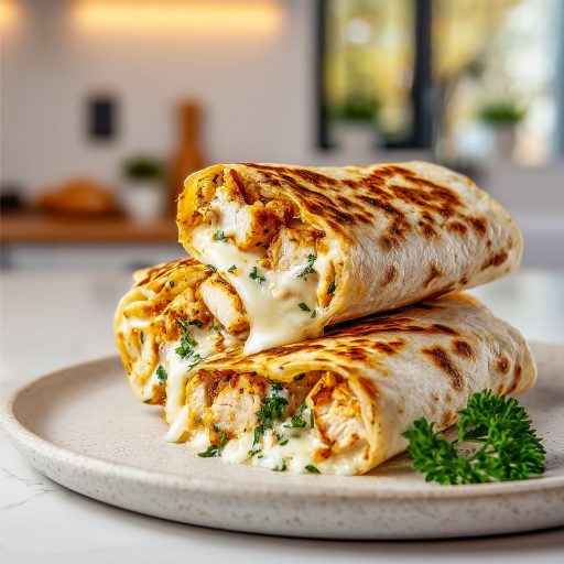 Grilled cheesy garlic chicken wraps on a plate with melted cheese and parsley in a cozy kitchen background