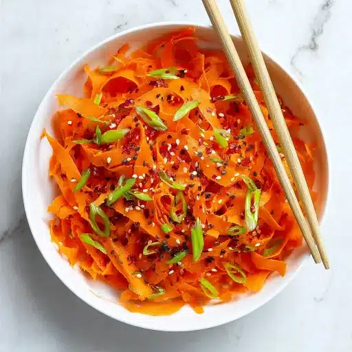 Vibrant Asian carrot ribbon salad topped with scallions, sesame seeds, and chili flakes, served with wooden chopsticks.