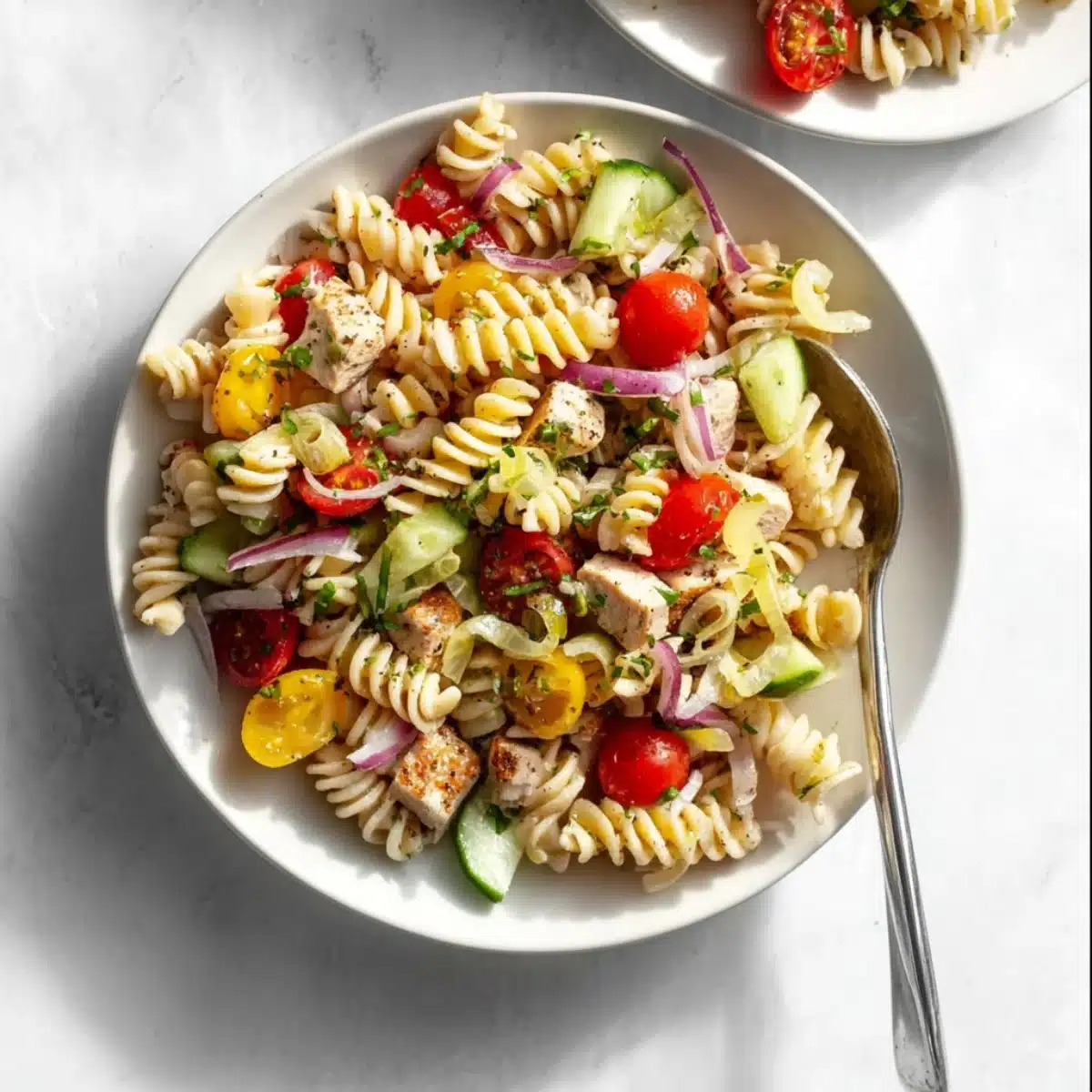 Gluten free pasta salad with grilled chicken, tomatoes, cucumbers, red onion, and herbs in a white bowl.