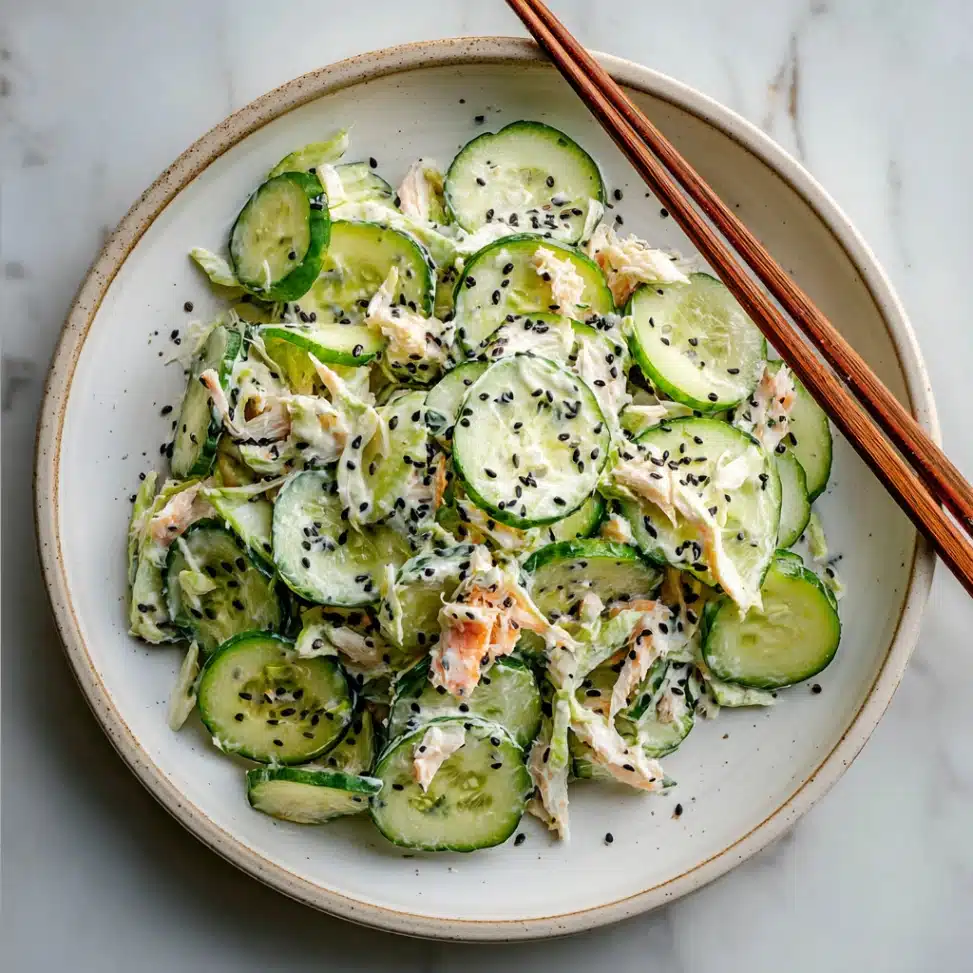 Creamy cucumber salad with imitation crab, sliced cucumbers, and black sesame seeds in a white bowl with chopsticks
