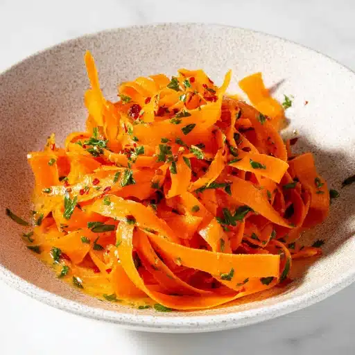 Hormone-friendly carrot ribbon salad tossed with parsley and spices, served in a stone bowl on a white marble surface.