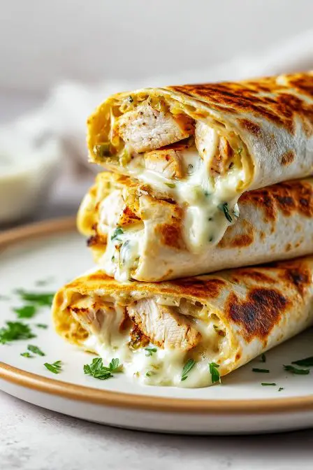 Cheesy garlic chicken wraps stacked with melted mozzarella and grilled to golden perfection on a white plate