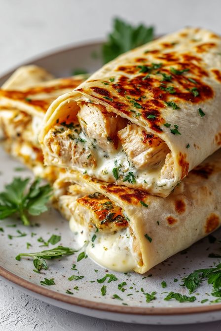 Close-up of cheesy garlic chicken wraps filled with grilled chicken, herbs, and melted cheese garnished with fresh parsley