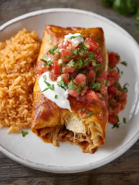 Chicken chimichanga with tomato salsa and sour cream, served with Mexican rice on a white plate over rustic wood.