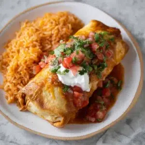 Golden chicken chimichanga topped with salsa, sour cream, and cilantro, served with Mexican rice on a ceramic plate.