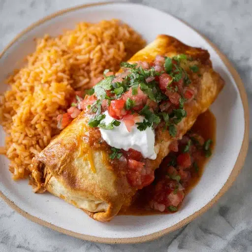 Golden chicken chimichanga topped with salsa, sour cream, and cilantro, served with Mexican rice on a ceramic plate.