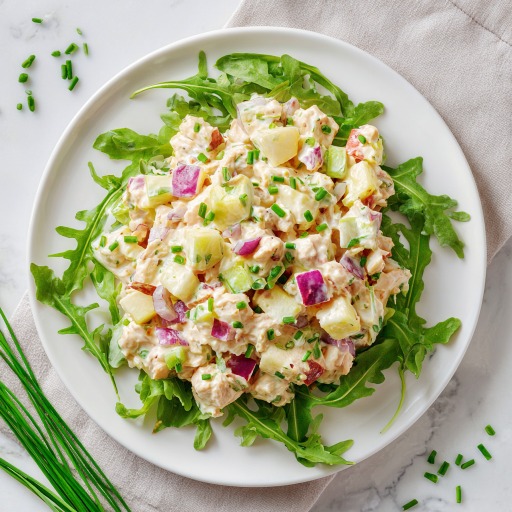 Fresh chicken salad with apples, celery, and red onions served on arugula leaves and garnished with chopped chives.