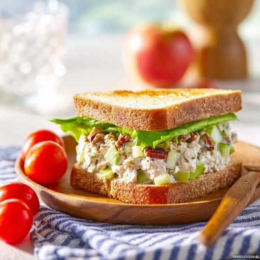 Creamy chicken salad sandwich with chopped apples, crunchy pecans, and lettuce served on whole wheat bread.