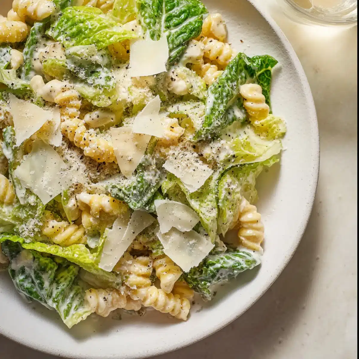 Caesar pasta salad made with creamy dressing, romaine lettuce, gemelli pasta, cracked pepper, and shaved Parmesan
