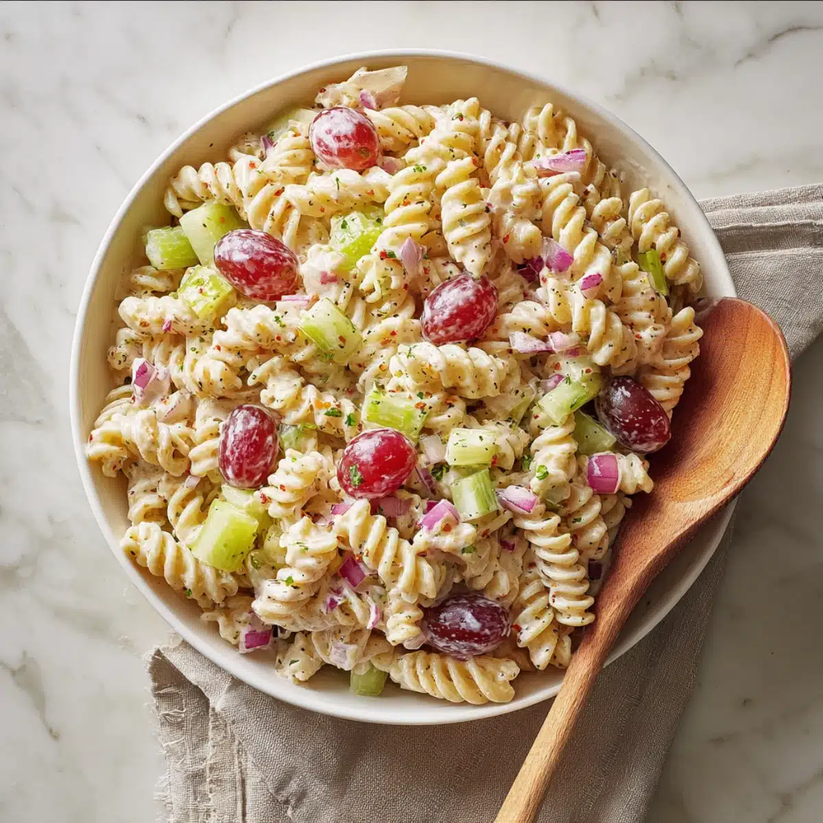 Classic Suddenly Pasta Salad with rotini, red grapes, chopped celery, and red onions in a creamy seasoned dressing.