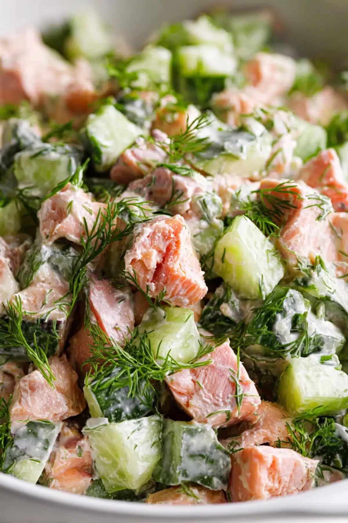 Close-up of creamy salmon cucumber salad with fresh dill, showcasing juicy salmon chunks and crisp cucumber pieces.