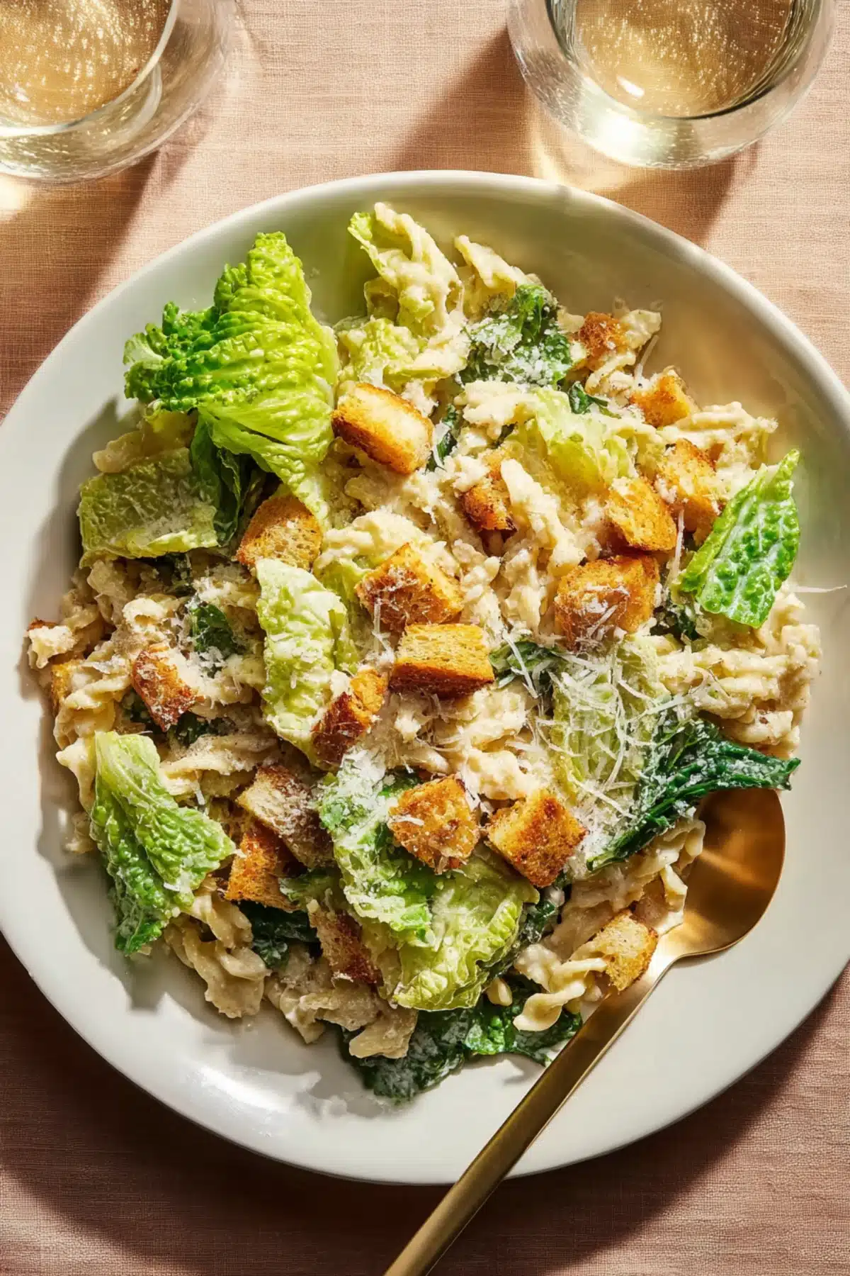 Caesar pasta salad with rotini pasta, crispy croutons, romaine lettuce, creamy dressing, and Parmesan on a white plate