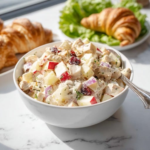 Creamy chicken salad with red apples and cranberries in a white bowl, ready to serve with croissants and lettuce