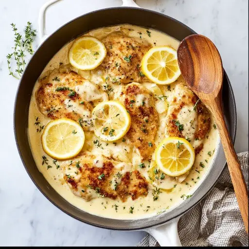 Skillet of lemon pepper chicken breasts simmered in creamy garlic sauce with fresh lemon slices and herbs on marble surface