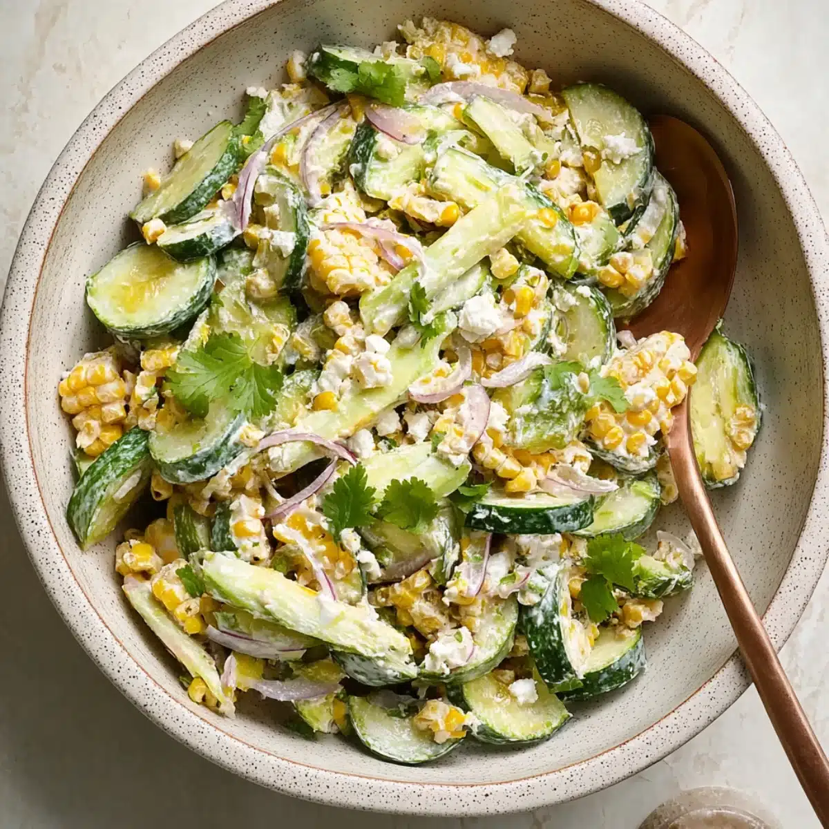 Mexican cucumber salad with creamy dressing, fresh corn, red onion, and cilantro served in a neutral-toned ceramic bowl