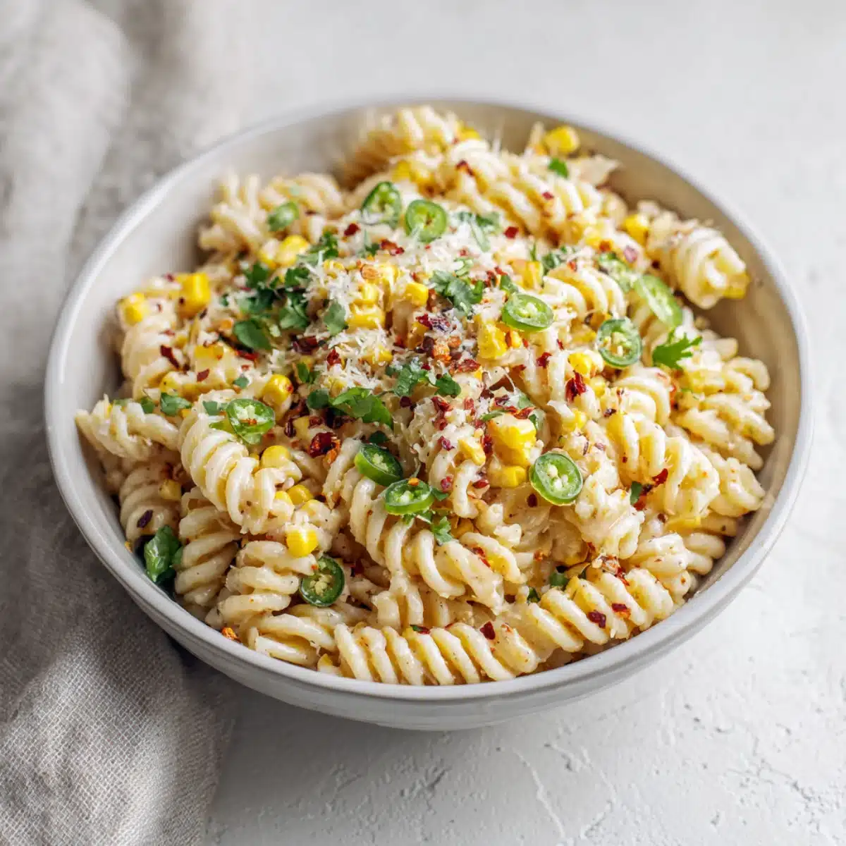 Creamy street corn pasta salad with rotini, corn, jalapeños, chili flakes, and cilantro in a white bowl on white background