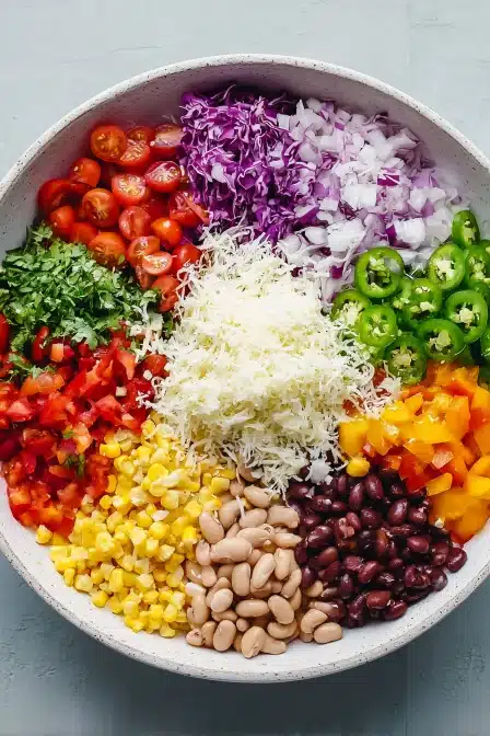 Colorful dense bean salad with beans, cheese, corn, peppers, tomatoes, and fresh veggies in a white bowl.