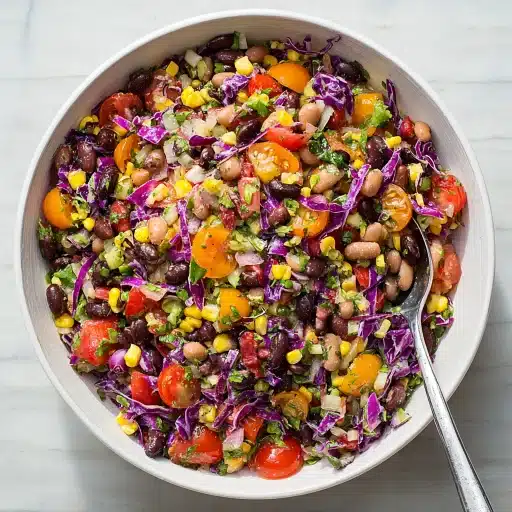 Mixed dense bean salad with cherry tomatoes, corn, red cabbage, and herbs in a white bowl with spoon.