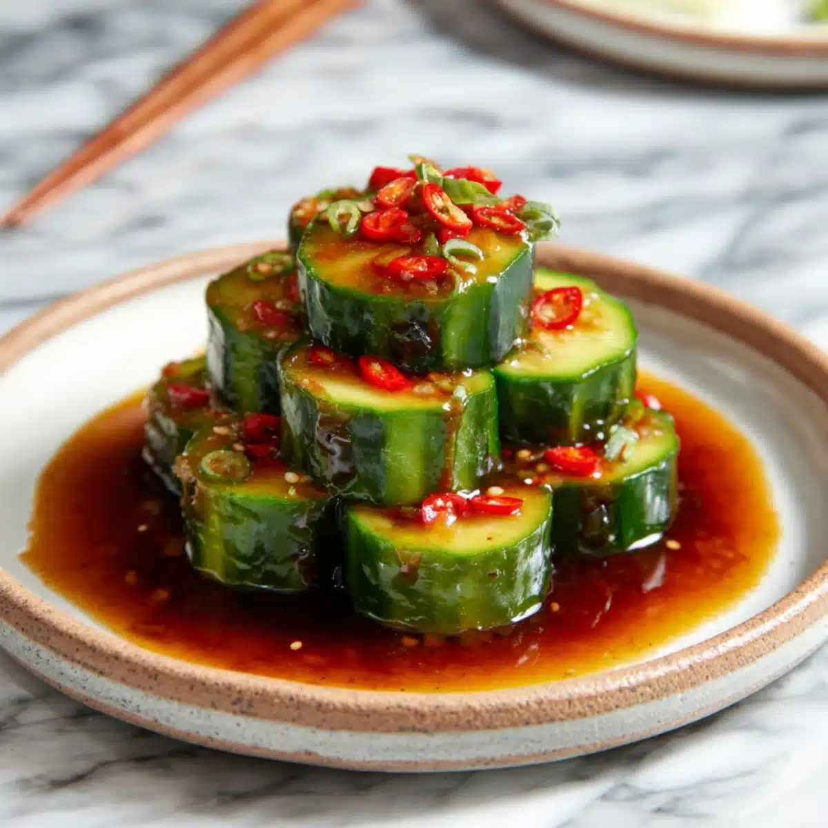 Chilled Din Tai Fung cucumber salad stacked and topped with red chili slices in soy garlic dressing on ceramic plate.