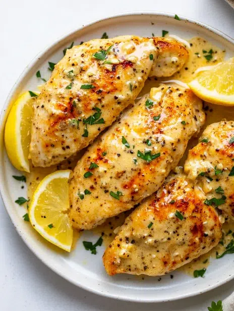 Golden garlic Parmesan chicken breasts topped with creamy sauce and fresh parsley, served with lemon wedges on a white plate.