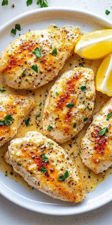 Juicy garlic parmesan chicken breasts cooked in creamy sauce and garnished with parsley and lemon wedges on a plate