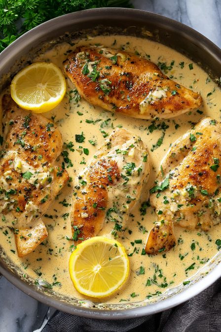 Skillet of garlic parmesan chicken breasts in creamy garlic sauce with herbs and lemon slices, garnished with parsley