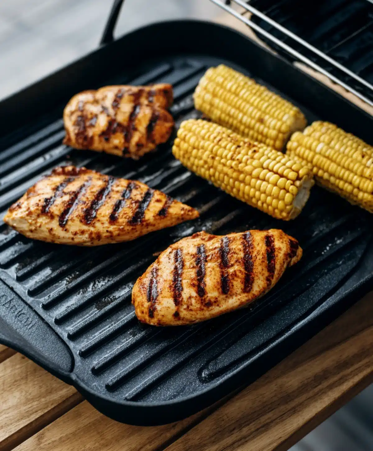 Grilled chicken breast and corn cobs on a cast iron grill — perfect for adding smoky flavor to Mexican chicken salad