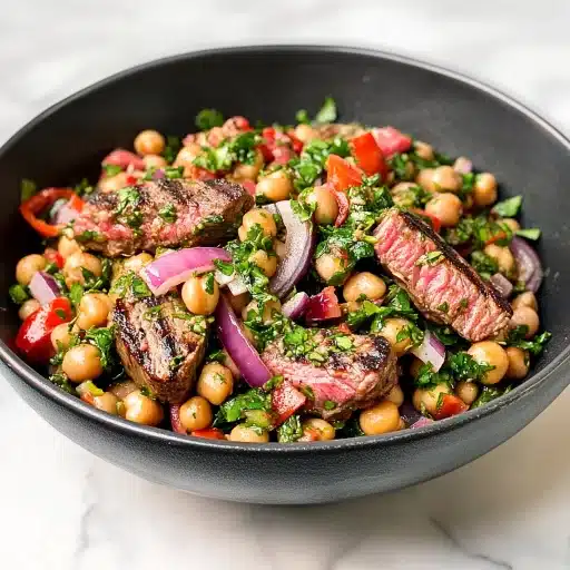 Charred steak slices paired with chickpeas, red onions, parsley, and bell peppers in a fresh chimichurri bean salad