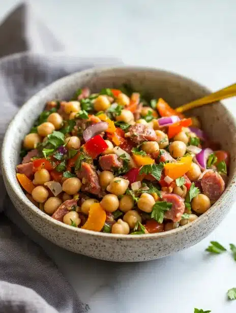 Grinder dense bean salad made with chickpeas, chopped peppers, onions, salami, and fresh parsley in a rustic bowl