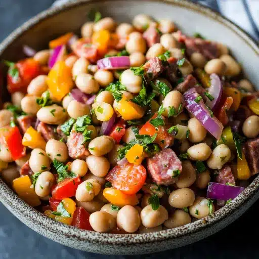 Grinder dense bean salad with white beans, salami, red onions, and colorful bell peppers tossed in fresh herbs