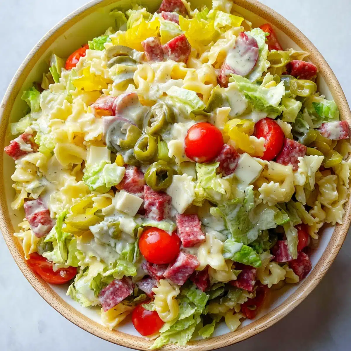 Grinder pasta salad with cherry tomatoes, salami cubes, olives, shredded lettuce, and creamy dressing in a wooden bowl