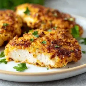 Sliced crispy parmesan chicken breast with juicy inside, served on a white plate and garnished with fresh parsley.
