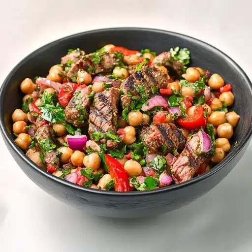 Juicy grilled steak slices served with chickpeas, red peppers, onions, and parsley in a fresh chimichurri-style salad