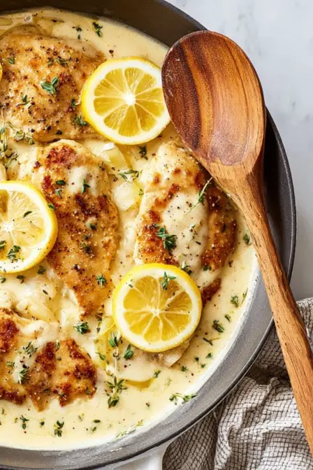 Pan-seared lemon pepper chicken breasts in creamy garlic sauce with lemon slices and herbs in a skillet
