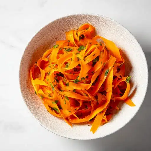 Carrot ribbon salad with parsley in a white textured bowl, a light and colorful dish made to naturally support hormone balance.