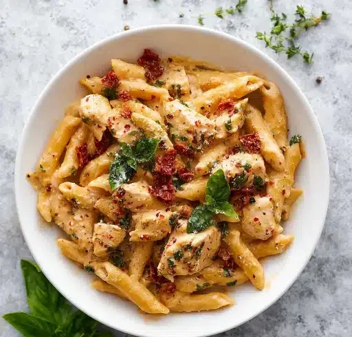 Overhead view of marry me chicken pasta with creamy sauce, sun-dried tomatoes, basil, and penne pasta