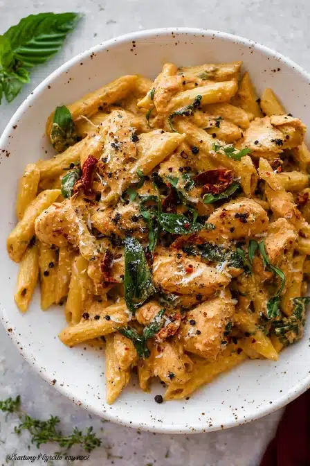Creamy marry me chicken pasta with sun-dried tomatoes, fresh basil, and penne in a parmesan garlic sauce