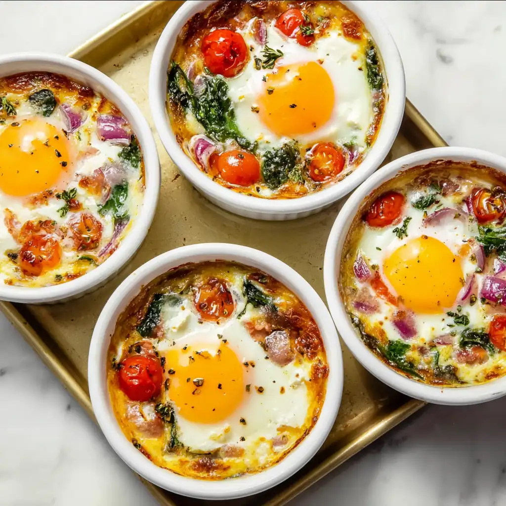 Four ramekins of Mediterranean baked feta eggs with sunny-side-up yolks, cherry tomatoes, spinach, and red onions