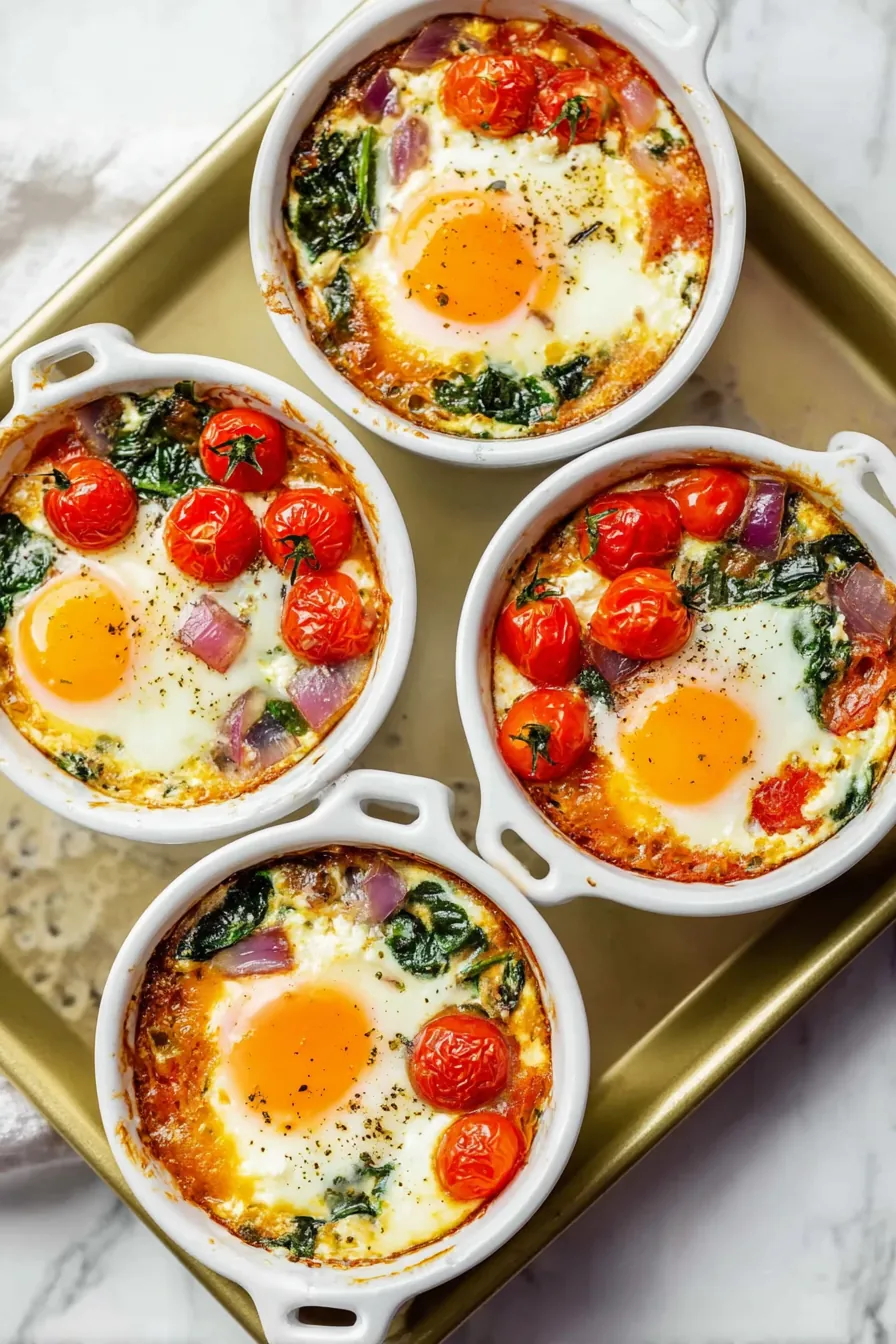 Four ramekins of Mediterranean baked feta eggs with tomatoes, spinach, red onion, and herbs on a baking tray