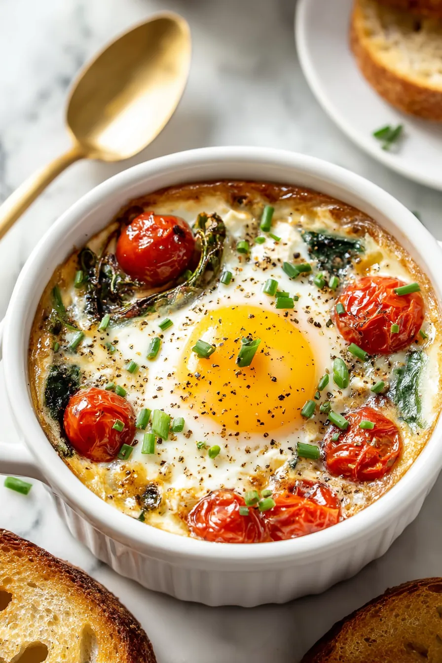 Mediterranean baked feta eggs with roasted cherry tomatoes, wilted greens, and herbs in a white ramekin