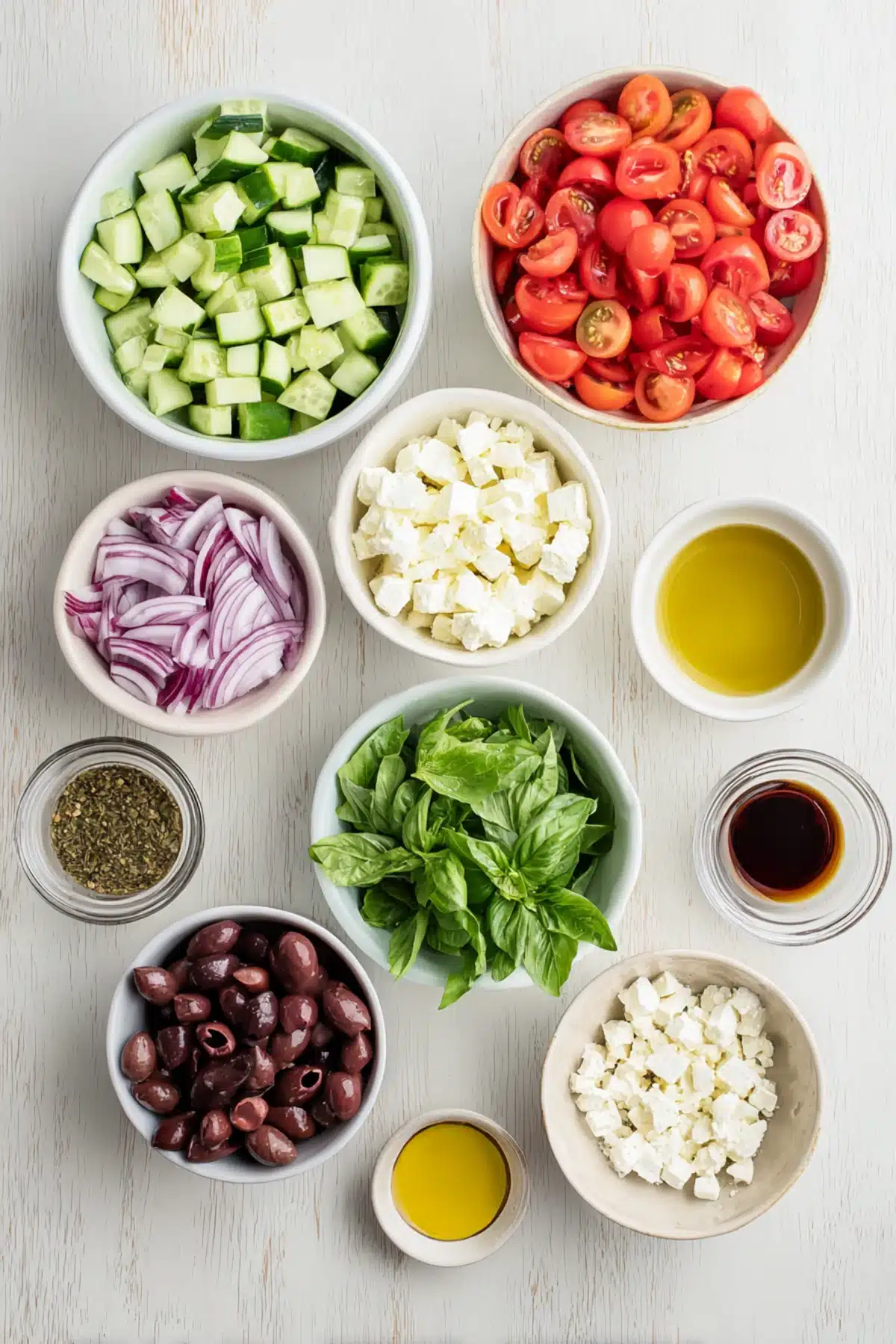 Ingredients for Mediterranean cucumber salad including cucumber, tomatoes, feta, red onion, olives, basil, and olive oil on a white table.