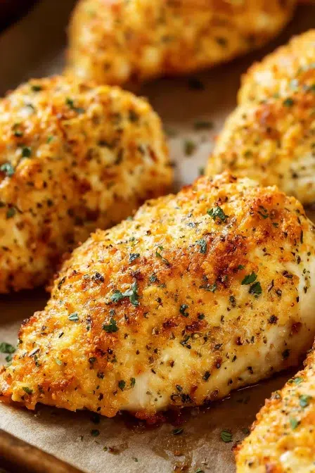 Juicy oven-baked chicken breasts coated in golden, crispy parmesan seasoning, garnished with herbs.