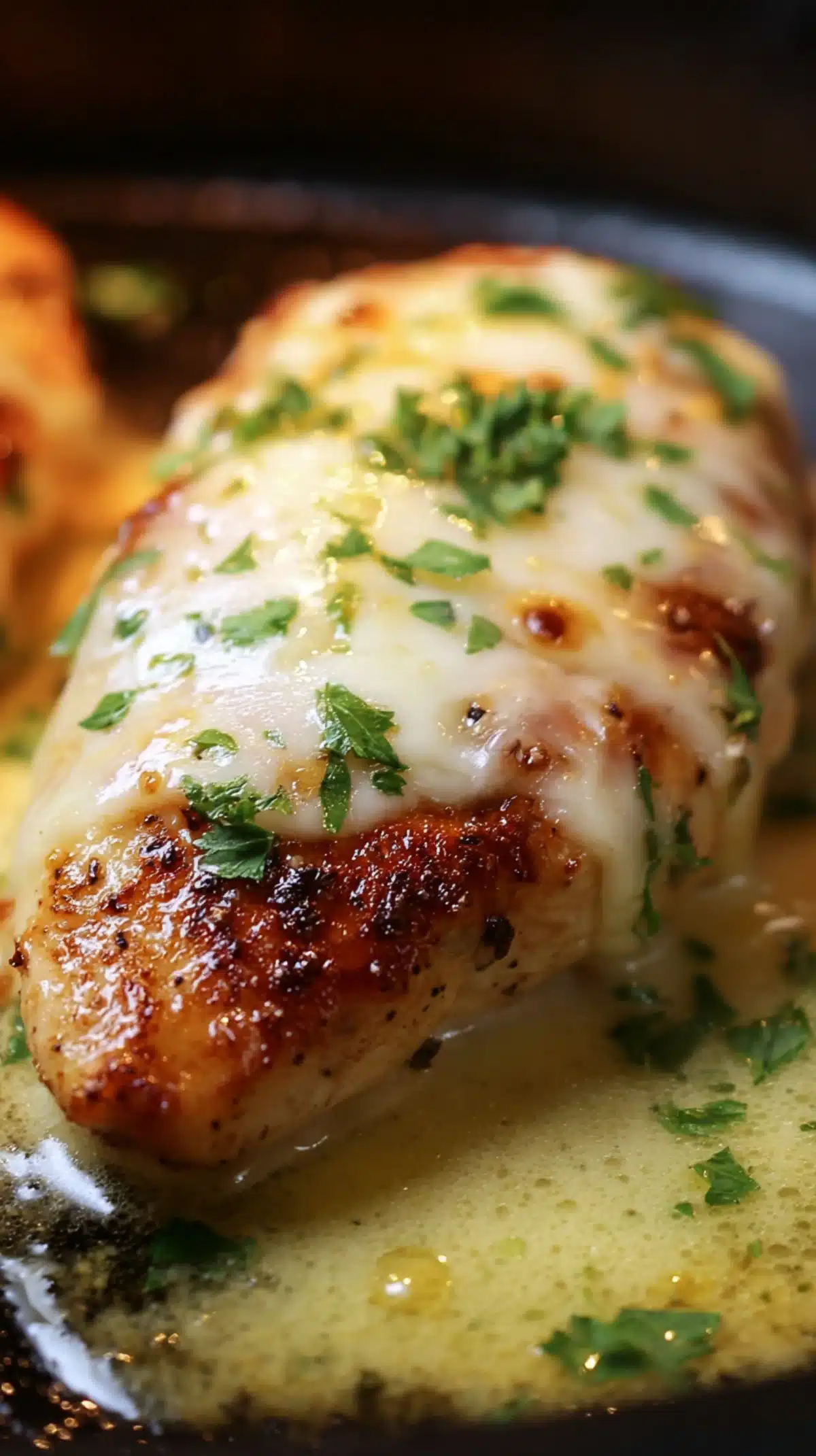 Juicy golden chicken breast topped with melted cheese and parsley in a creamy buttery garlic sauce