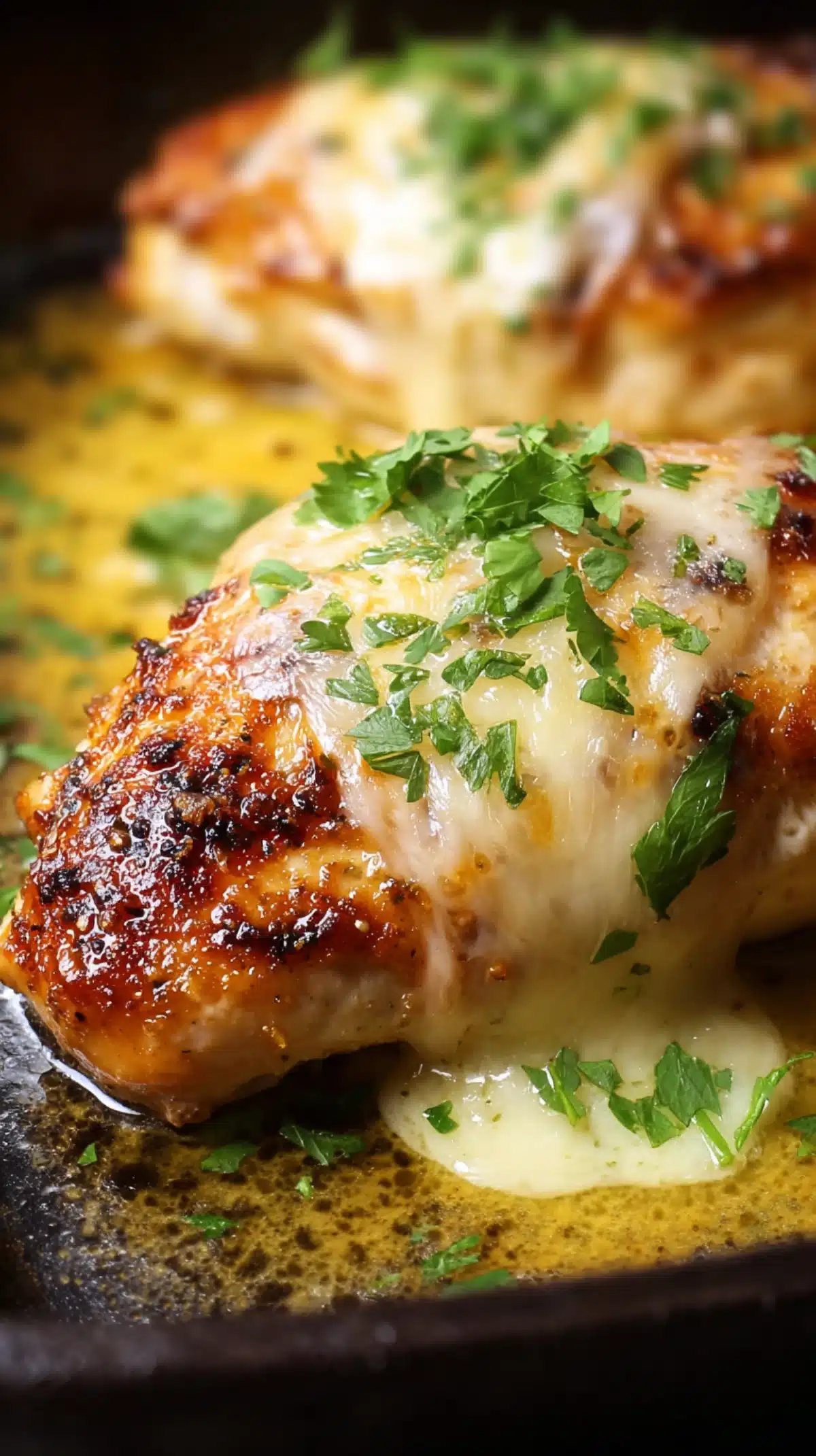 Golden seared chicken breast with melted cheese and fresh parsley in a rich garlic butter sauce
