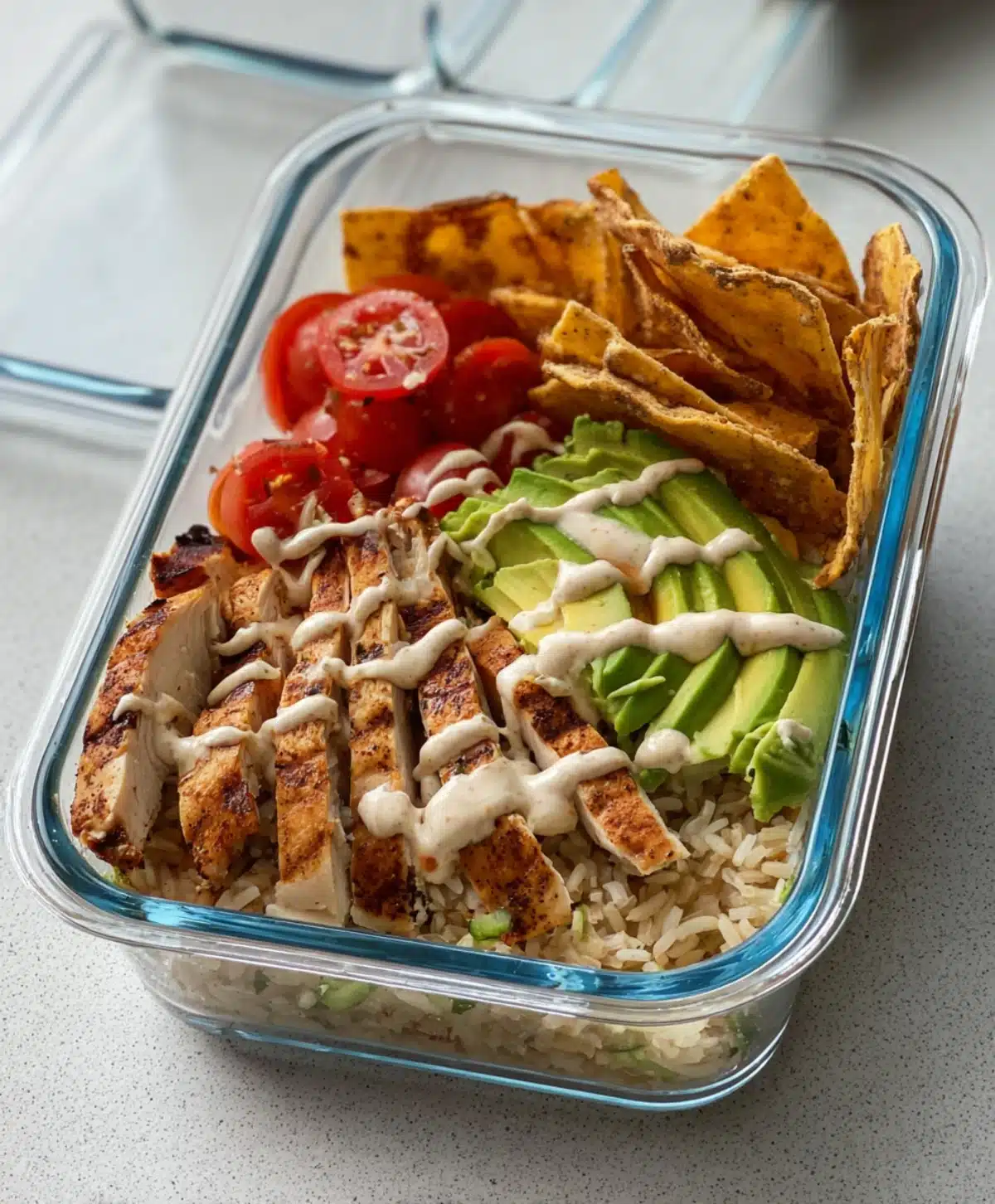 Grilled chicken salad bowl with avocado, tomatoes, tortilla chips, brown rice, and creamy dressing in a glass container