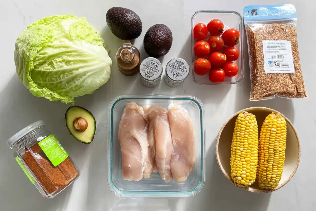 Fresh ingredients for Mexican chicken salad including chicken breast, lettuce, avocado, corn, spices, and tomatoes