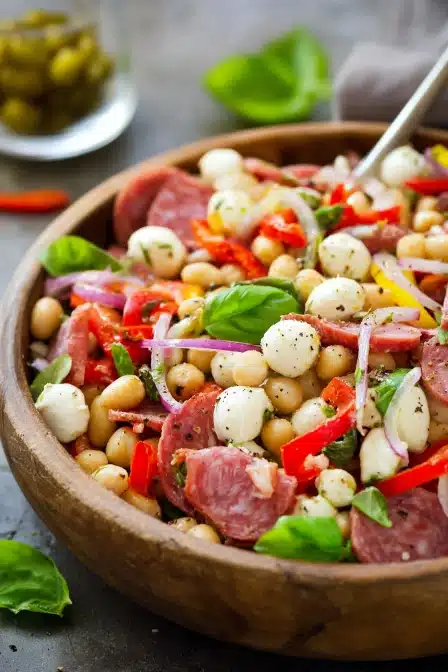 Rustic wooden bowl filled with Italian grinder bean salad made of salami, chickpeas, mozzarella balls, and fresh basil.