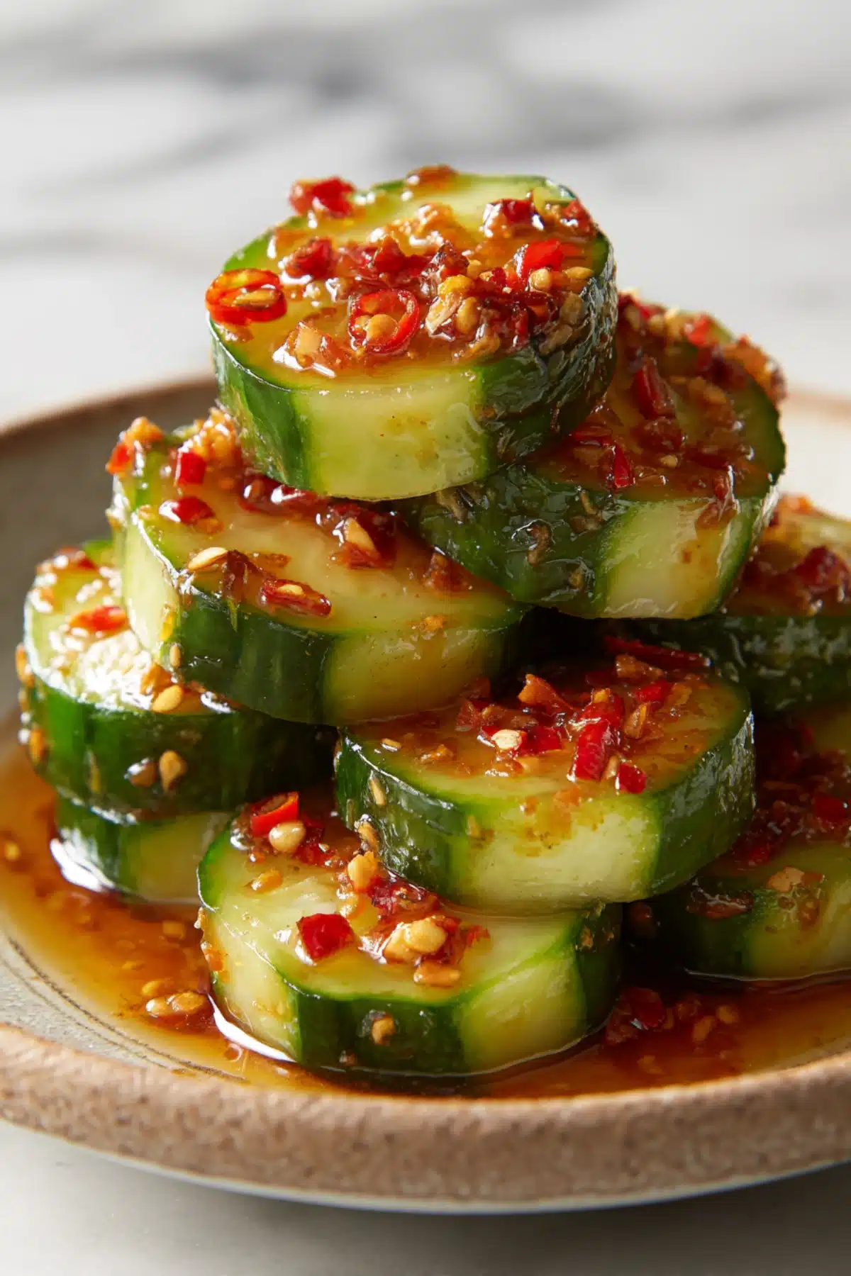 Stacked cucumber slices in chili garlic soy dressing with sesame and red pepper, served on a rustic ceramic plate.