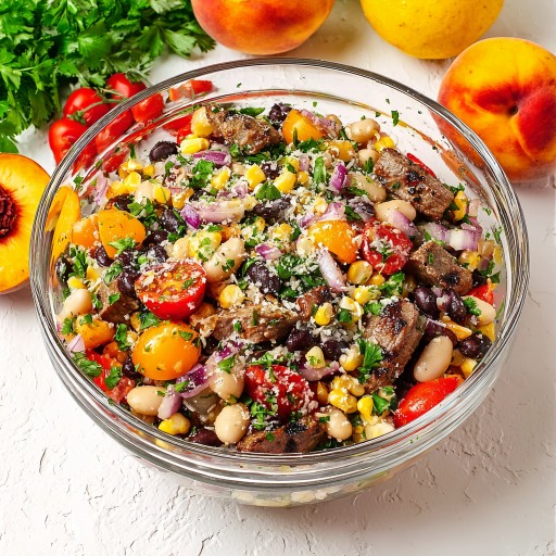 Steak dense bean salad with grilled beef, corn, tomatoes, beans, red onion, and herbs topped with crumbled cheese