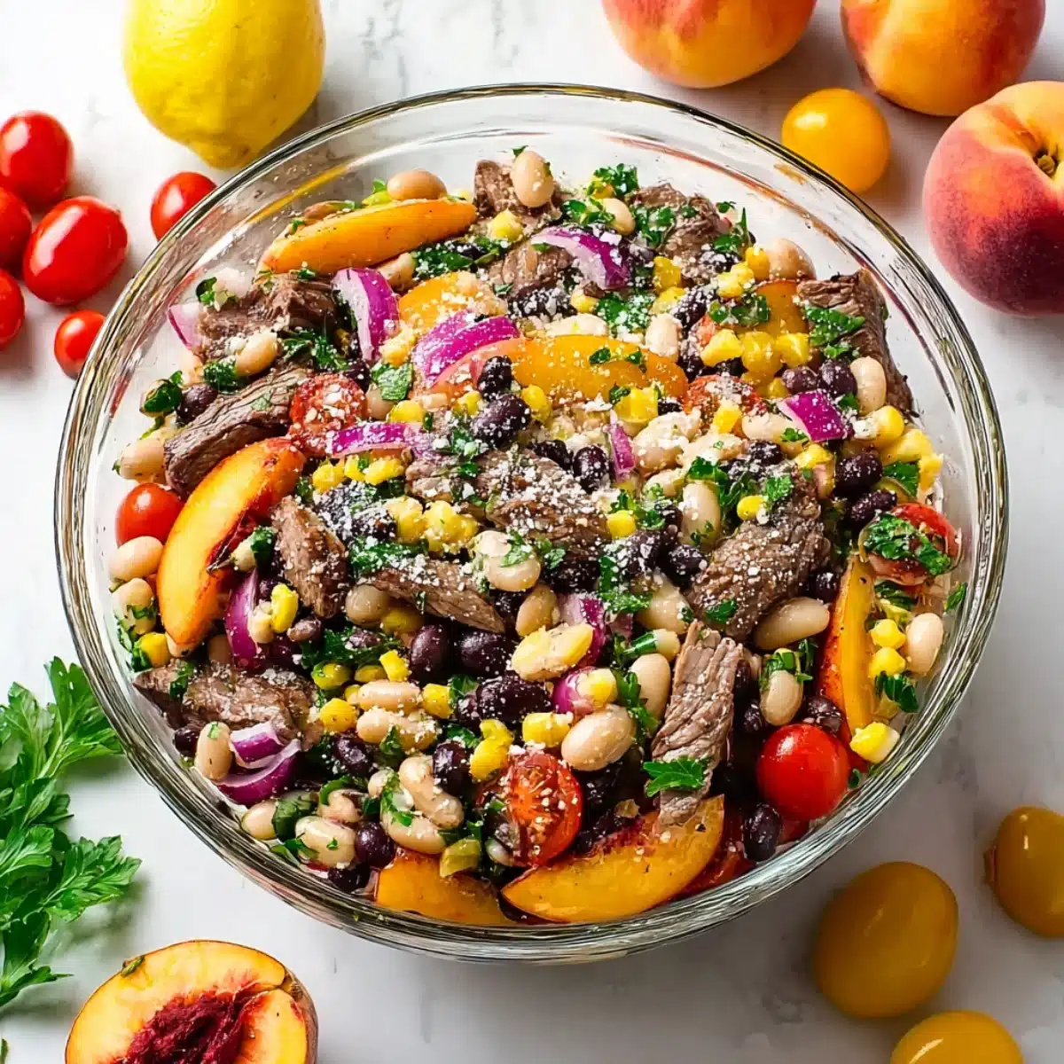 Steak dense bean salad with grilled beef, corn, tomatoes, beans, red onion, and herbs topped with crumbled cheese